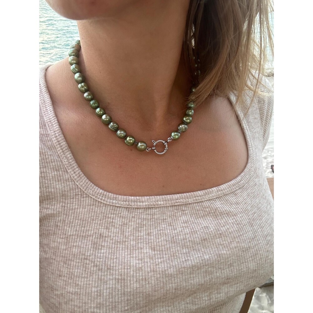 17 Green  Freshwater Pearl Necklace| Stainless Steel Spring Clasp Wicked choker